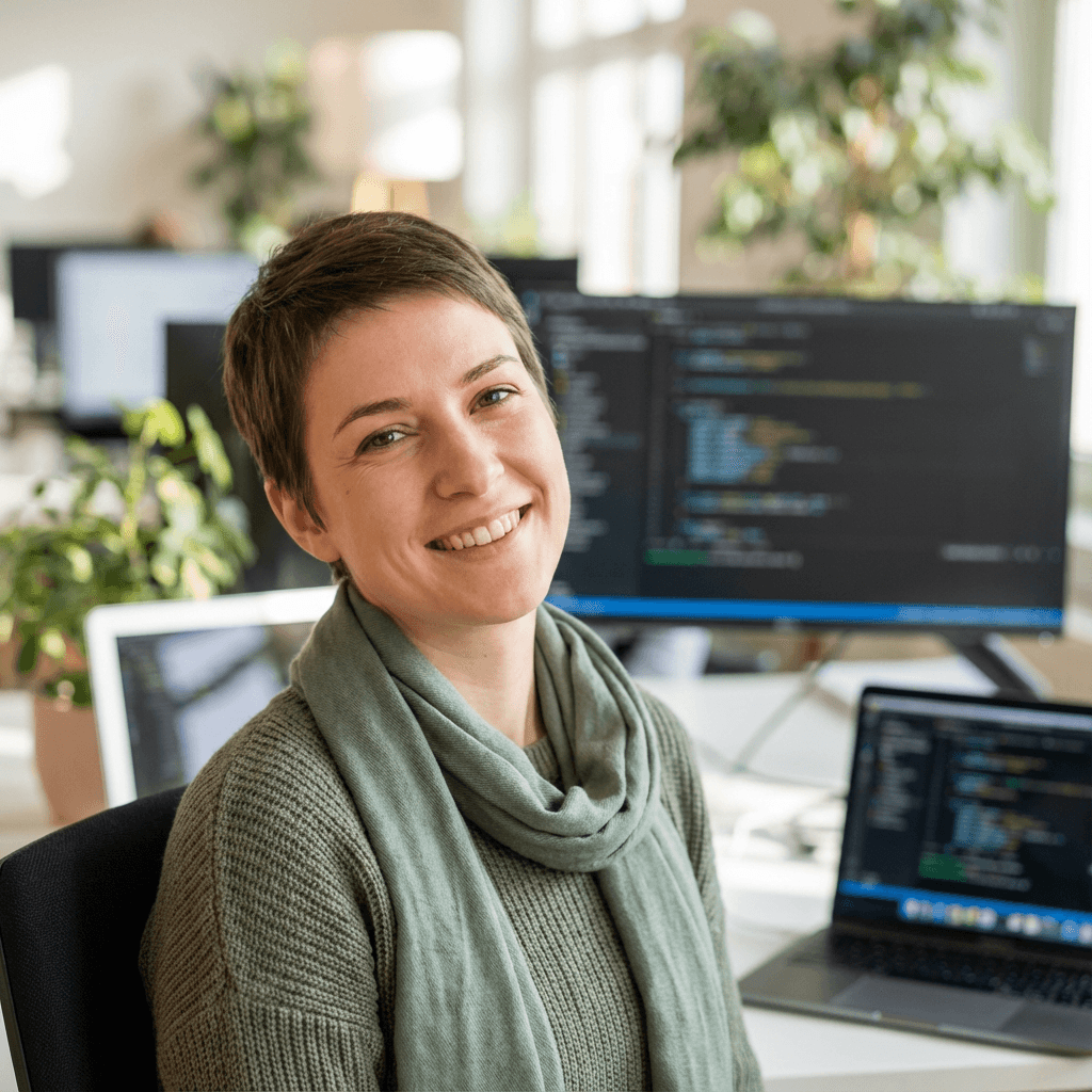 Female payment analyst in her early 30s reviewing transaction data at a desk