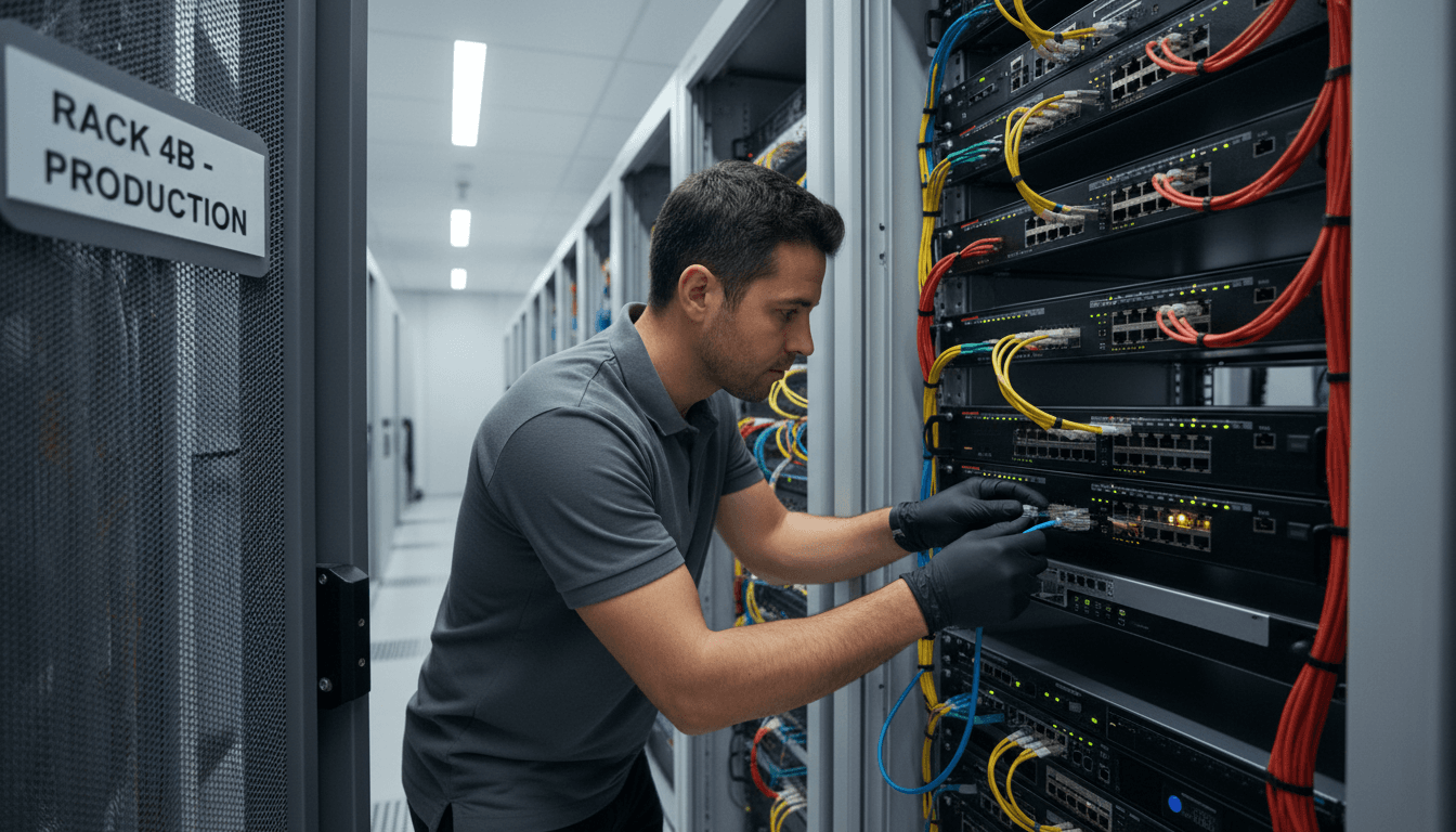 Network engineer plugging a cable into a switch in a server rack