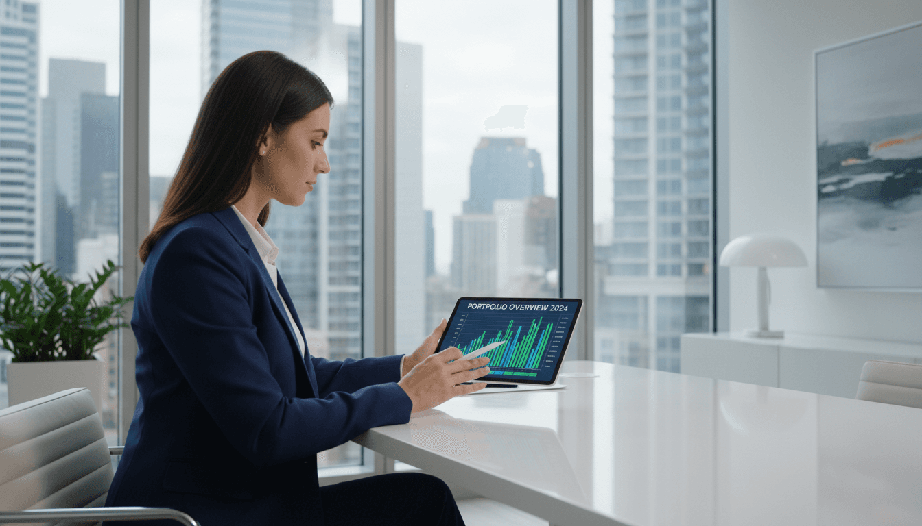 Professional advisor reviewing financial data on a tablet in a modern office