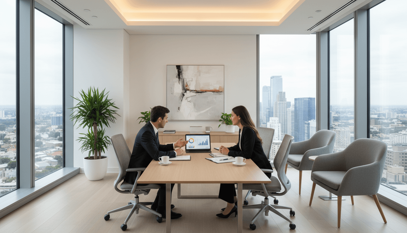 IT consultant and client reviewing payment data on a tablet at a desk