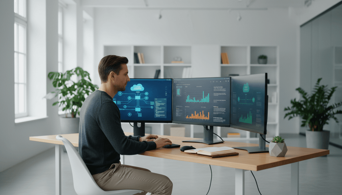IT consultant reviewing payment routing data on a screen in a modern office