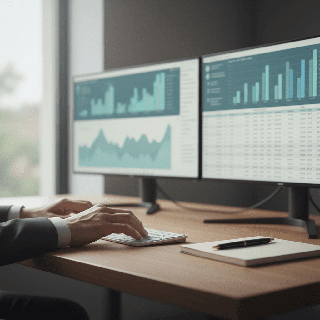 Professional consultant analyzing data on a monitor in a clean office setting