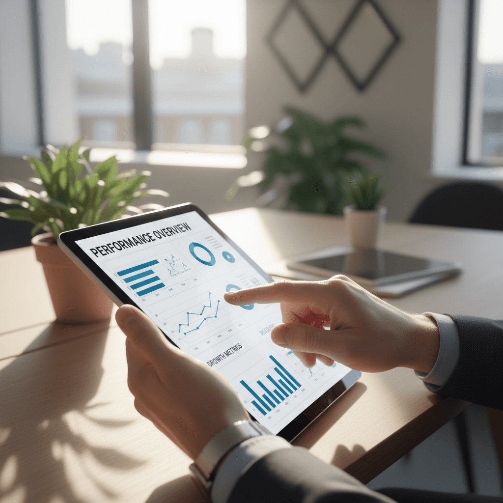 Analytics dashboard on tablet in clean office